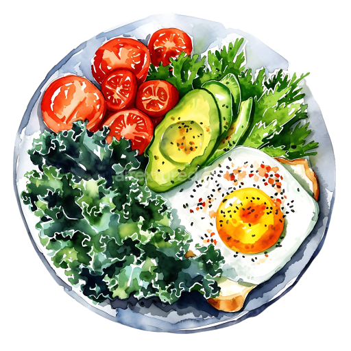 Watercolor Breakfast Plate with Kale Salad, Avocado, Tomato, and Fried Egg
