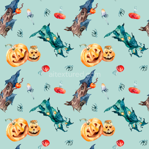 Seamless 3D PBR Watercolor Halloween Texture with Pumpkins and Spooky Elements