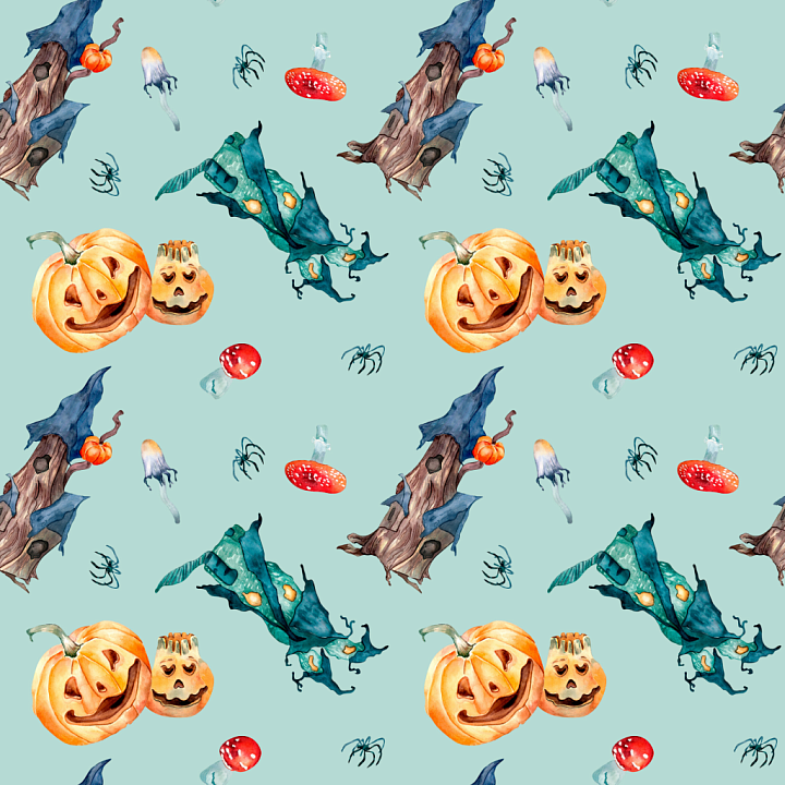 Watercolor Halloween with Pumpkins and Spooky Elements seamless PBR texture preview