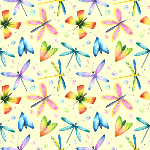 Seamless 3D PBR Watercolor Dragonfly Pattern Texture with Pastel Colors