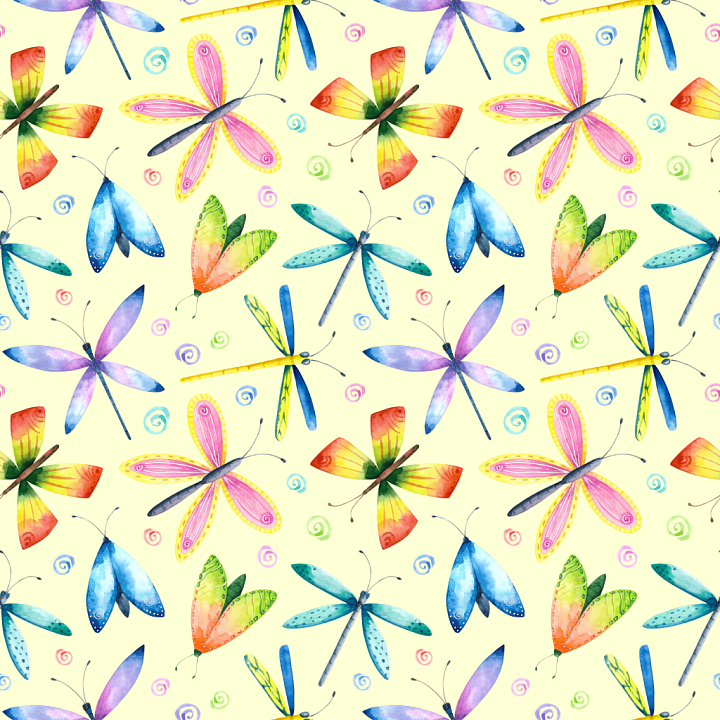 Watercolor Dragonfly Pattern with Pastel Colors seamless PBR texture preview