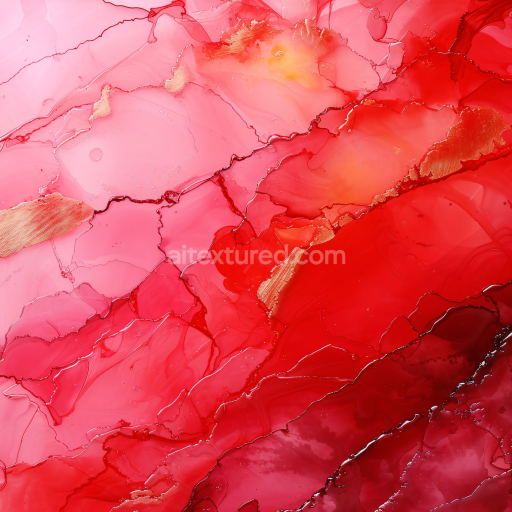 Seamless 3D Alcohol Ink PBR Texture with Red Tones and Gold Vein Waves