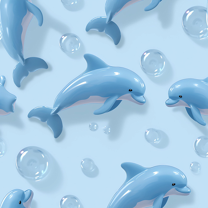 Inflated Glossy Vinyl Dolphin Pattern in Soft Blue seamless PBR texture preview