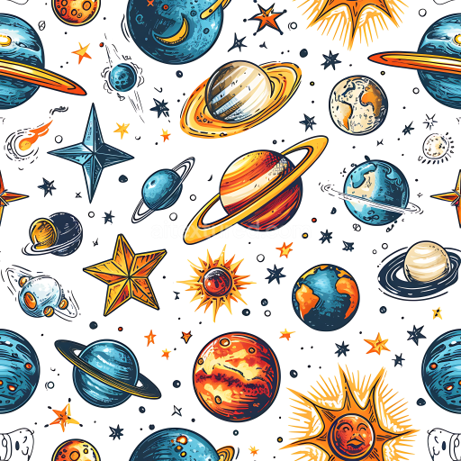 Seamless 3D Space PBR Texture with Colorful Cartoon Planets and Stars