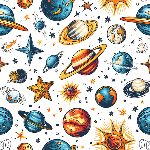 Space PBR Texture with Colorful Cartoon Planets and Stars seamless Star, space, planets PBR texture