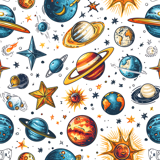 Space PBR Texture with Colorful Cartoon Planets and Stars Star, space, planets texture preview
