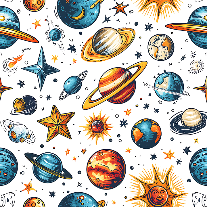 Space with Colorful Cartoon Planets and Stars seamless PBR texture preview