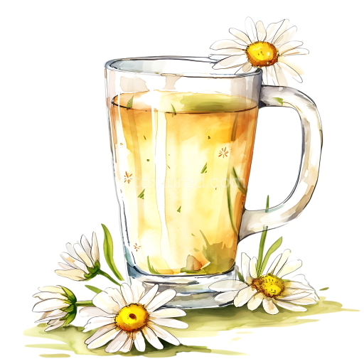 Breakfast Illustration of Chamomile Tea in Glass with White Daisies