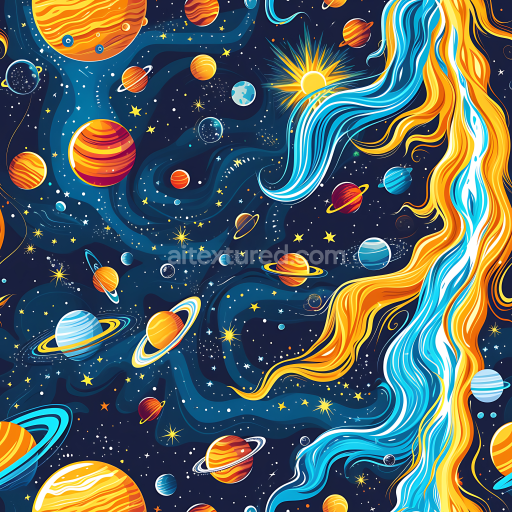 Seamless 3D Cartoon Style Space PBR Texture with Vibrant Planets and Cosmic Streams