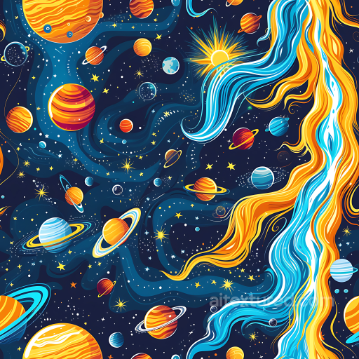 Cartoon Style Space PBR Texture with Vibrant Planets and Cosmic Streams seamless Star, space, planets PBR texture