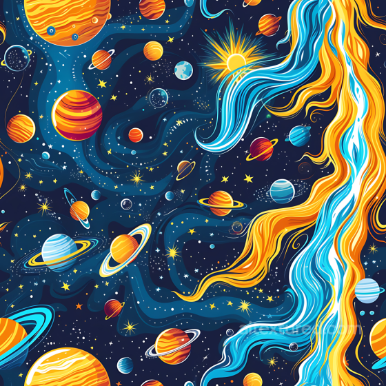 Cartoon Style Space PBR Texture with Vibrant Planets and Cosmic Streams Star, space, planets texture preview