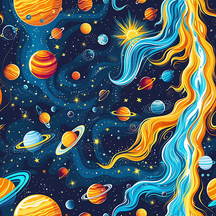 Cartoon Style Space with Vibrant Planets and Cosmic Streams seamless PBR texture preview