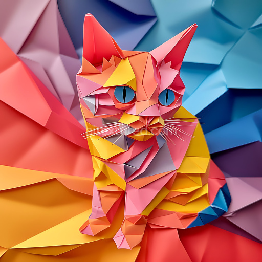 Seamless 3D PBR Texture of Origami-Inspired Multicolor Cat Pattern