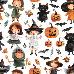 seamless Seamless 3D PBR Texture Featuring Watercolor Halloween Characters & Pumpkins texture 8k free download PBR