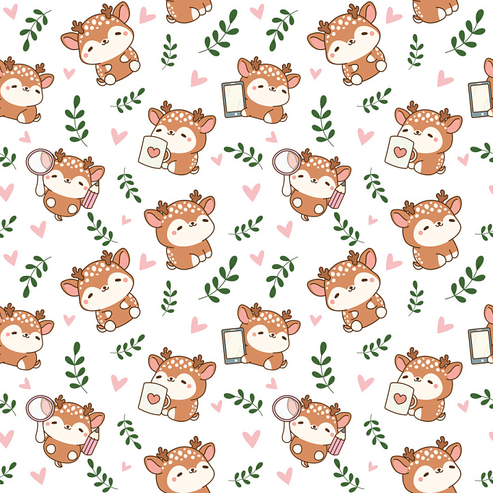 Pattern Featuring Cute Cartoon Deer with Hearts and Leaves seamless PBR texture preview