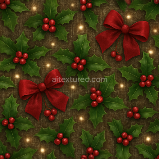 Seamless 3d texture pbr 8k holly leaves with berries festive fabric