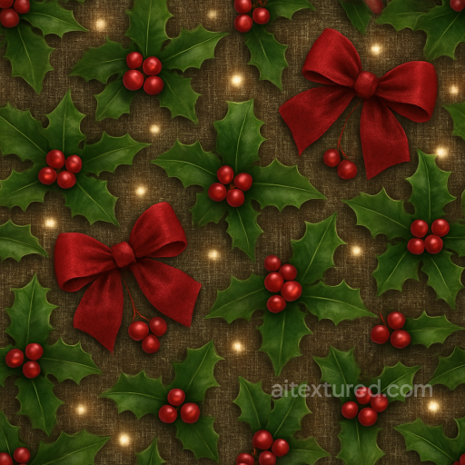 Holly Leaves With Berries Festive Fabric seamless Merry christmas PBR texture