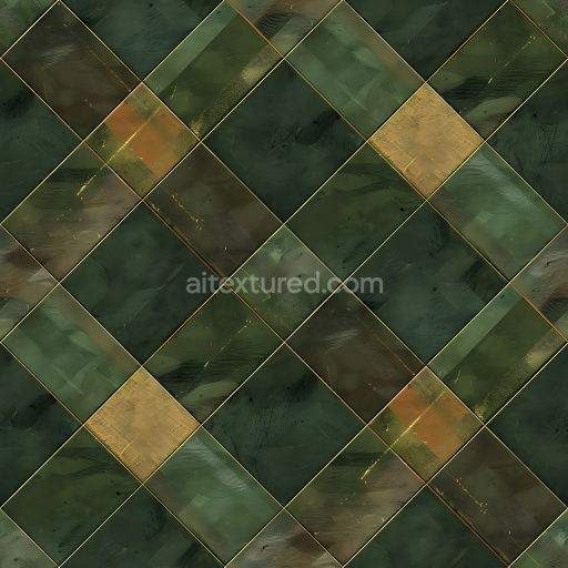 Seamless 3D Metal PBR Texture Featuring Green and Gold Plaid Panels with Subtle Brush Strokes