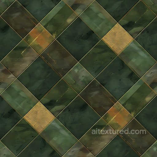 Seamless 3D Metal PBR Texture Featuring Green and Gold Plaid Panels with Subtle Brush Str… texture preview