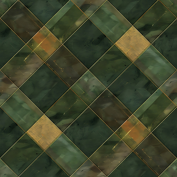 Plaid Featuring Green and Gold Distressed Fabric Squares seamless PBR texture preview