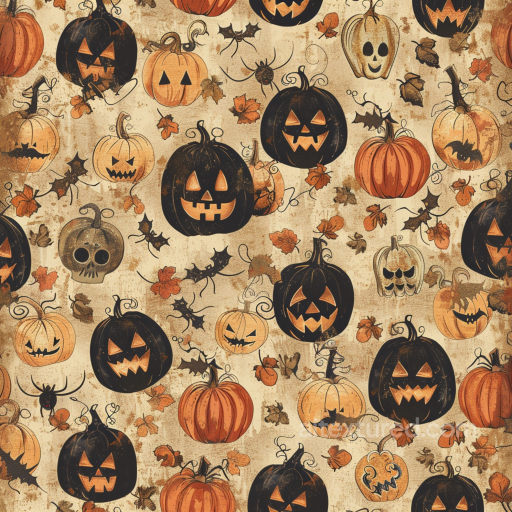 Vintage Halloween Fabric Texture with Jack-o'-Lantern Pattern seamless Vintage Halloween PBR texture