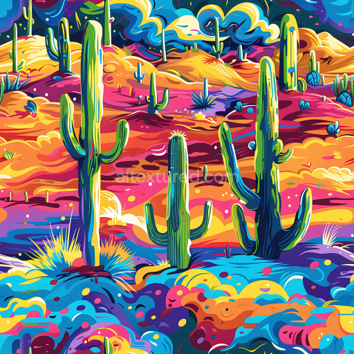 Seamless 3D PBR texture featuring vivid graffiti desert scene with cacti and abstract hills