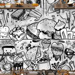 seamless Seamless 3D PBR Texture of Black and White Food Doodle Graffiti texture 8k free download PBR
