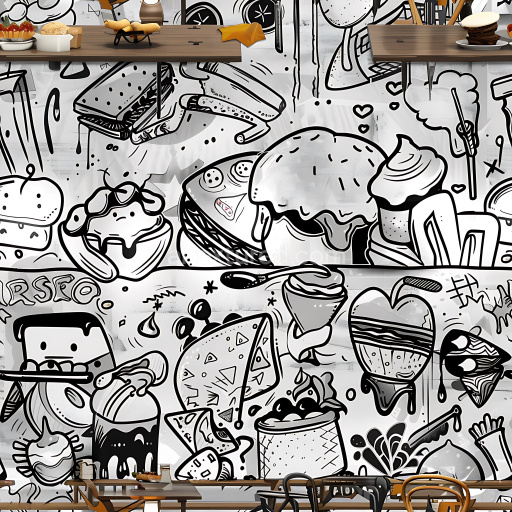 Seamless 3D PBR Texture of Black and White Food Doodle Graffiti