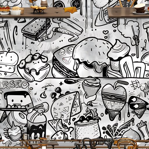 Seamless 3D PBR Texture of Black and White Food Doodle Graffiti texture preview