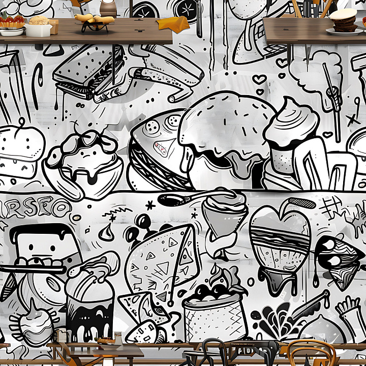 Black and White Food Doodle Graffiti seamless PBR texture preview
