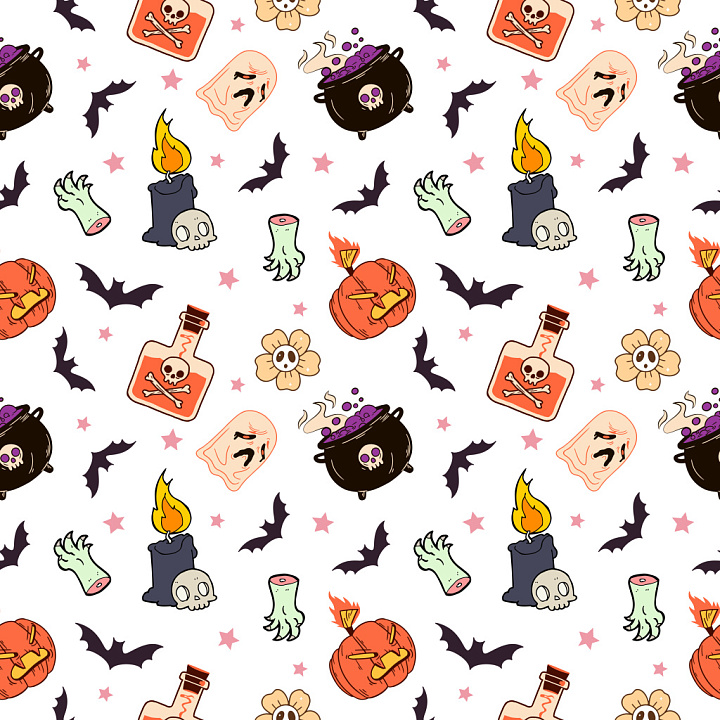 Pattern with Halloween Spooky Motifs and Playful Rhythm seamless PBR texture preview