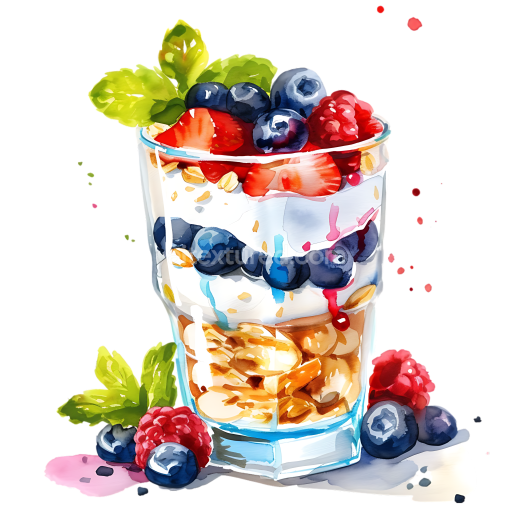 Breakfast Yogurt Parfait with Granola and Mixed Berries - Watercolor Style