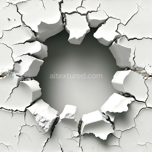 Seamless 3D Cracked & Hole PBR Texture of White Plaster with Irregular Fractures