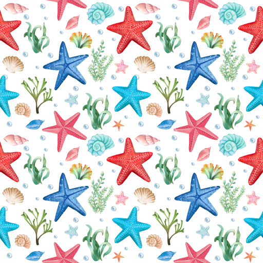 Pattern Bundle - Seamless 3D Pattern PBR Texture with Colorful Watercolor Starfish and Marine Motifs texture preview