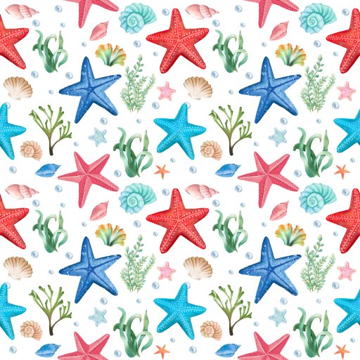 Pattern PBR Texture with Colorful Watercolor Starfish and Marine Motifs seamless Pattern Bundle PBR texture