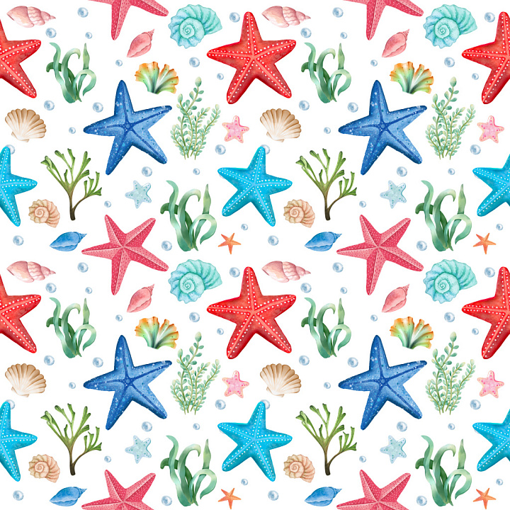 Pattern with Colorful Watercolor Starfish and Marine Motifs seamless PBR texture preview