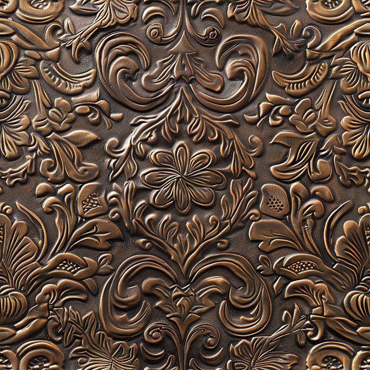 Antique Embossed Brown Leather with Ornate Floral Patterns seamless PBR texture preview