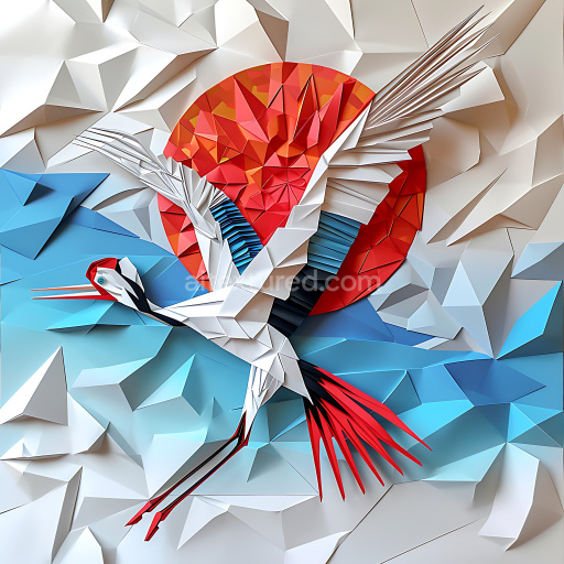 Seamless 3D PBR Texture of Origami Crane Bird with Red, White, and Blue Geometric Pattern