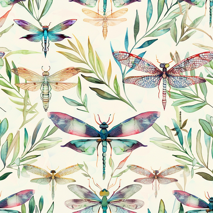Featuring Colorful Watercolor Dragonflies and Leaves seamless PBR texture preview