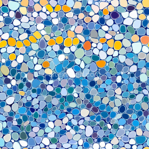 Seamless 3D PBR Mosaic Texture Featuring Rounded Pebble Tiles in Blue and Warm Accents texture preview