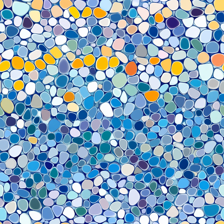 Mosaic Featuring Rounded Pebble Tiles in Blue and Warm Accents seamless PBR texture preview