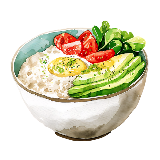 Watercolor Style Savory Oatmeal Breakfast Bowl with Avocado, Tomato, and Greens