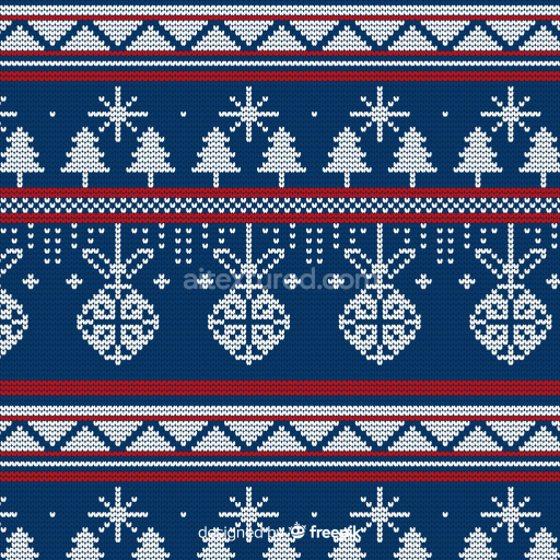 Seamless 3D PBR Texture of Blue Knitted Christmas Pattern with Trees and Ornaments