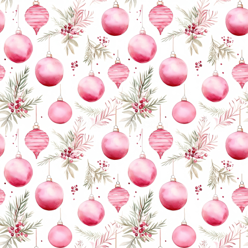 Seamless 3D PBR Texture of Watercolor Pink Christmas Ornaments and Foliage