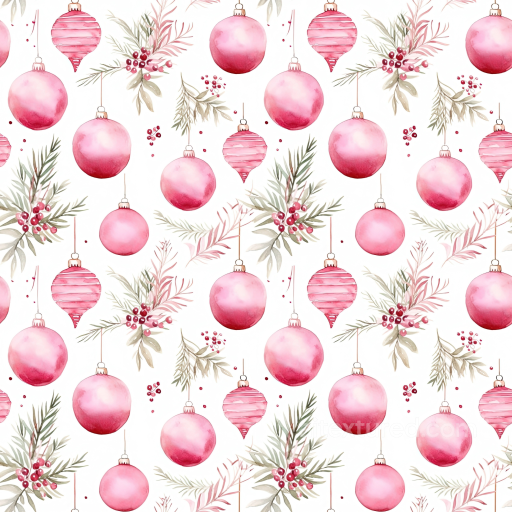 All Christmas Digital paper Texture of Watercolor Pink Christmas Ornaments and Foliage seamless All Christmas Digital paper PBR texture