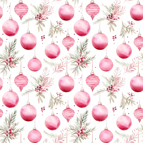 All Christmas Digital paper Texture of Watercolor Pink Christmas Ornaments and Foliage All Christmas Digital paper texture preview