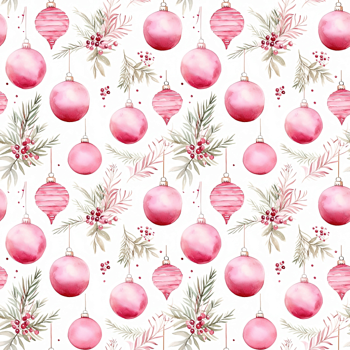 Digital Paper with Pink Christmas Ornaments and Greenery seamless PBR texture preview