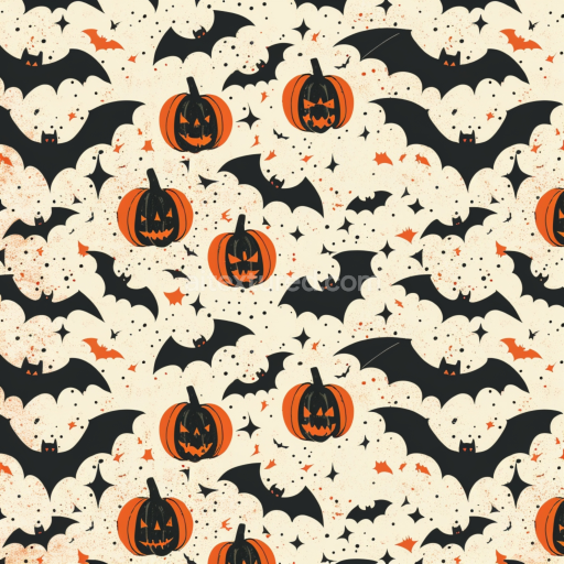 Seamless 3D PBR Vintage Halloween Texture Featuring Stylized Pumpkins and Bats