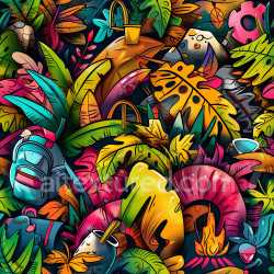 seamless Seamless 3D PBR Texture Featuring Colorful Tropical Leaves Graffiti Art texture 8k free download PBR