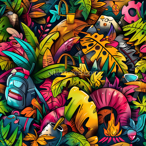 Seamless 3D PBR Texture Featuring Colorful Tropical Leaves Graffiti Art